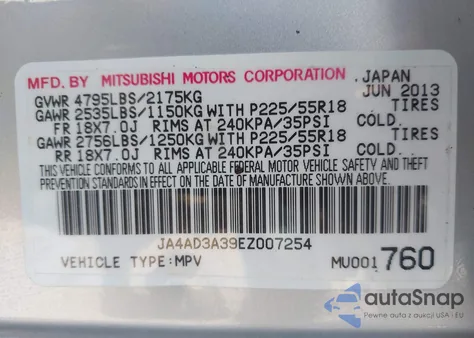 2014 Mitsubishi Outlander Se z USA, uszkodzony, nr VIN JA4AD3A39EZ007254
